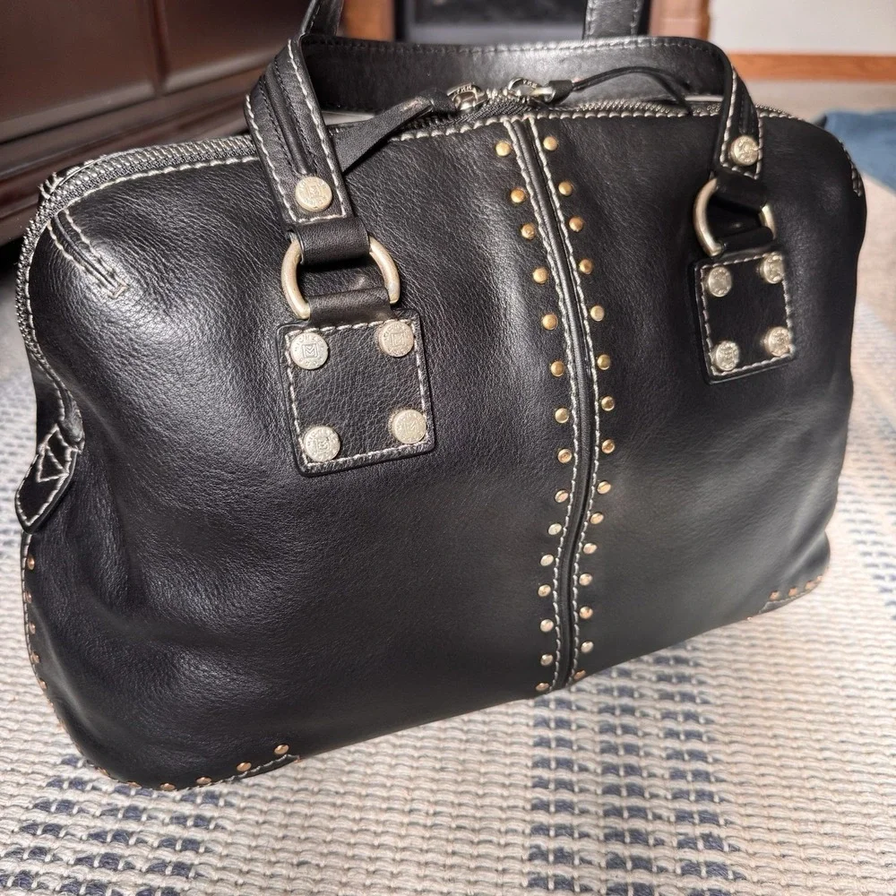 Michael Kors Astor Black Studded Leather Satchel ~ Top‑Handle Bag ~Silver Studs